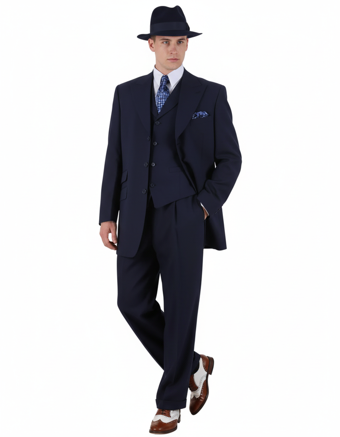 Mens 1920s Navy Blue Zoot Suit Classic Gangster 3-Piece Long  - Pleated Pants