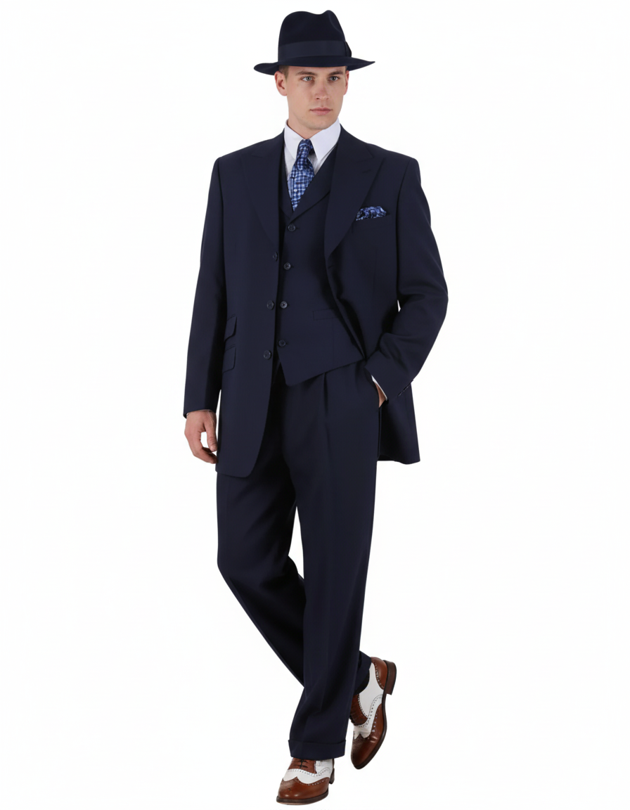 Men’s 1920s Navy Blue Zoot Suit with Fedora Hat and Wingtip Shoes – Classic Gangster 3-Piece Long  - Classic Fit Pleated Pants - 34 Short or Extra Small