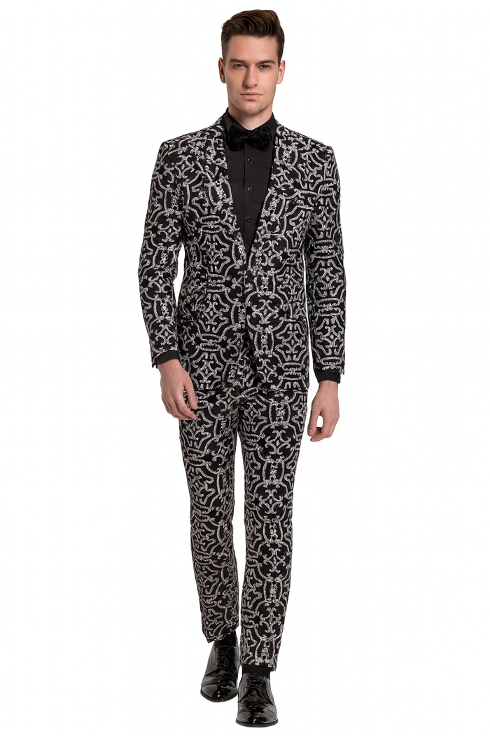 Mens Black and Silver Sequin Tuxedo Slim Fit 2-Piece Party and Wedding Suit with Sparkling Design- Black and White Color