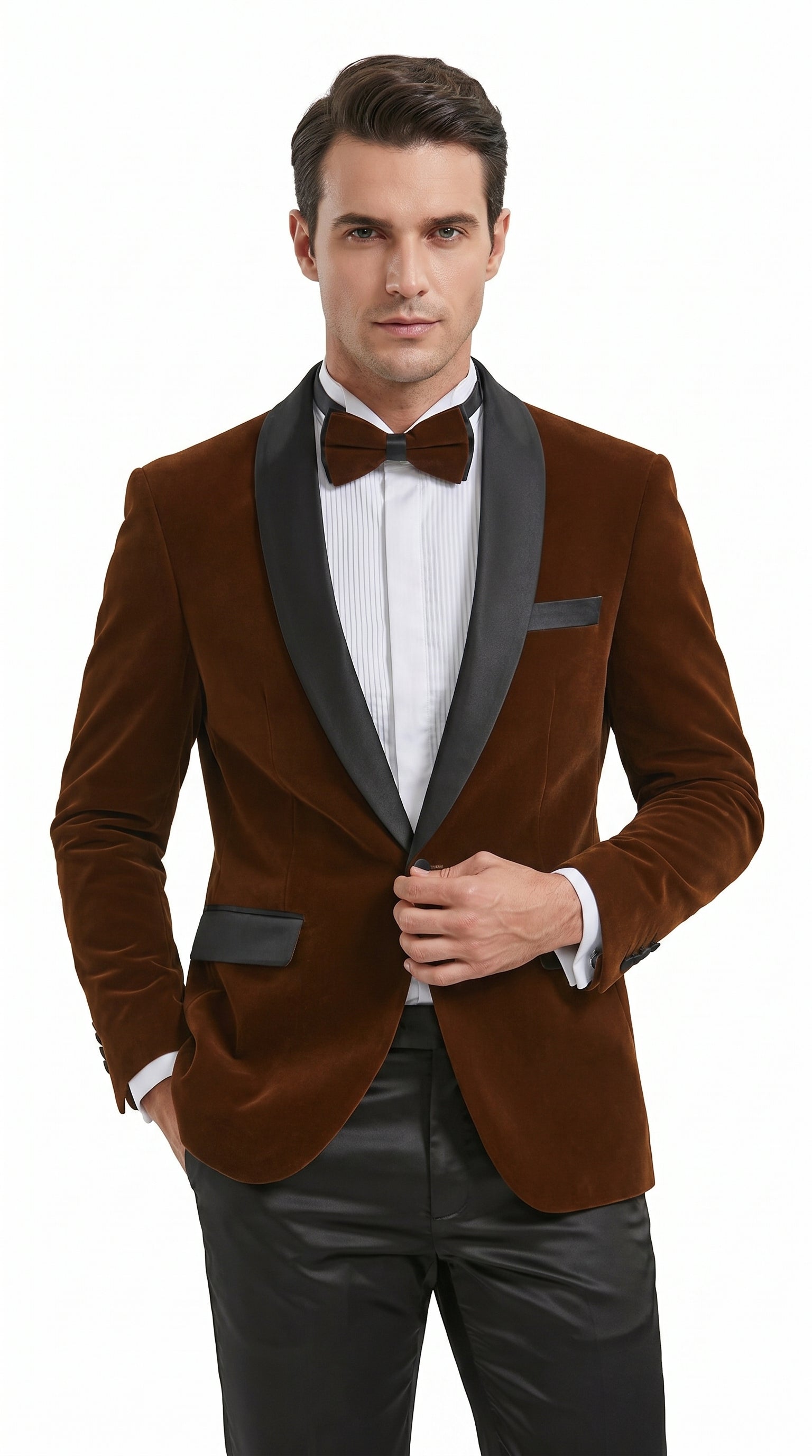 Men’s Brown Camel Bronze Velvet Tuxedo Jacket, Shawl Lapel Wedding Prom Dinner Blazer - Blazer Sportcoat - 36 Short