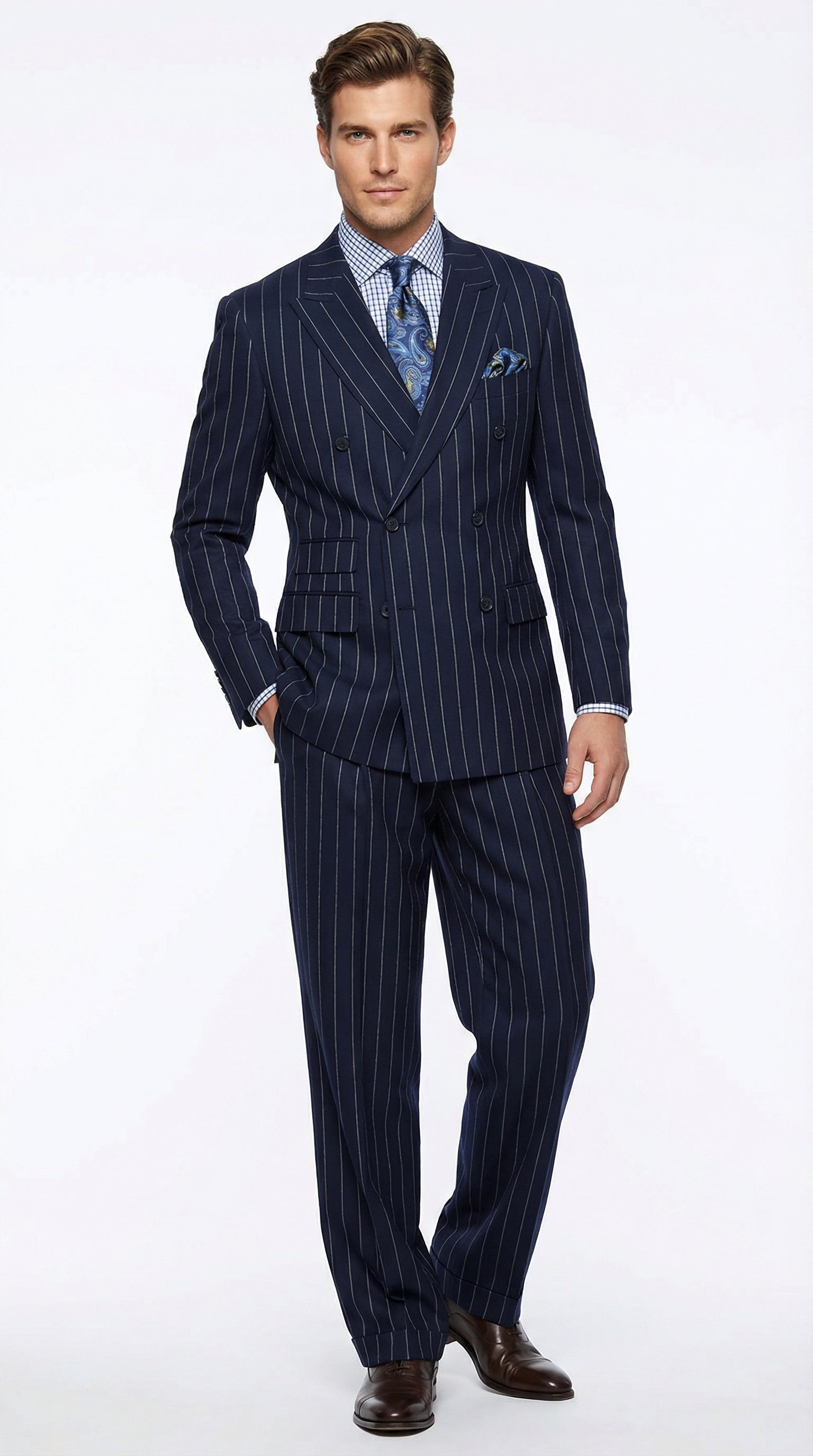 Men's Navy Blue Double Breasted Pinstripe Suit Modern Fit By rossiman