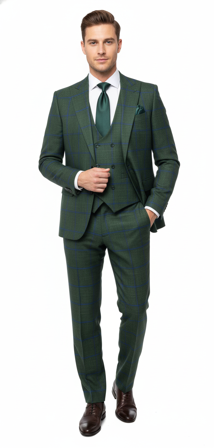 Men’s Green Plaid 3-Piece Suit – Classic Check Slim Fit Suit for Weddings, Church, and Formal By Rossiman - 34 Short or Extra Small