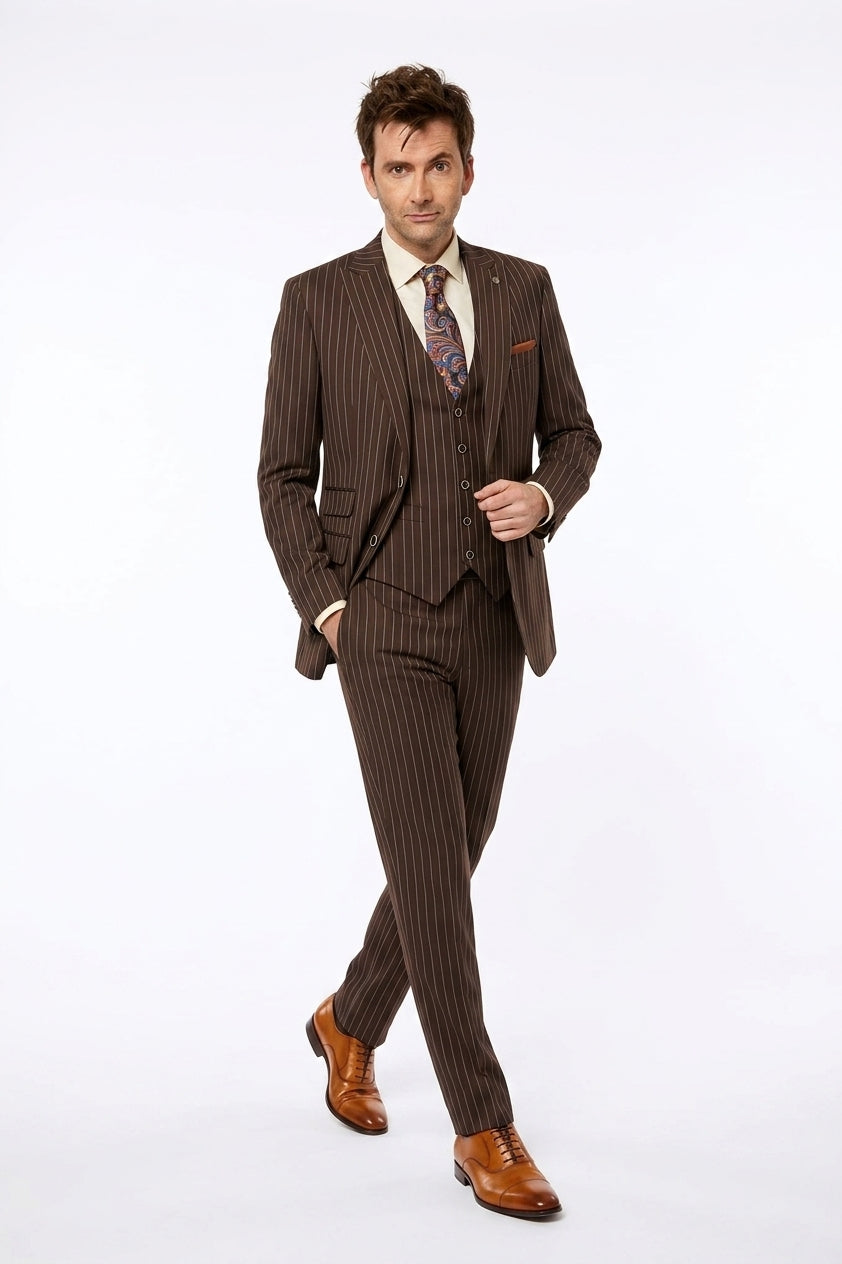 Men’s Doctor Who Inspired Brown Pinstripe 3-Piece Suit – Retro Vintage Wedding, Costume & Formal Suit - 34 Short or Extra Small