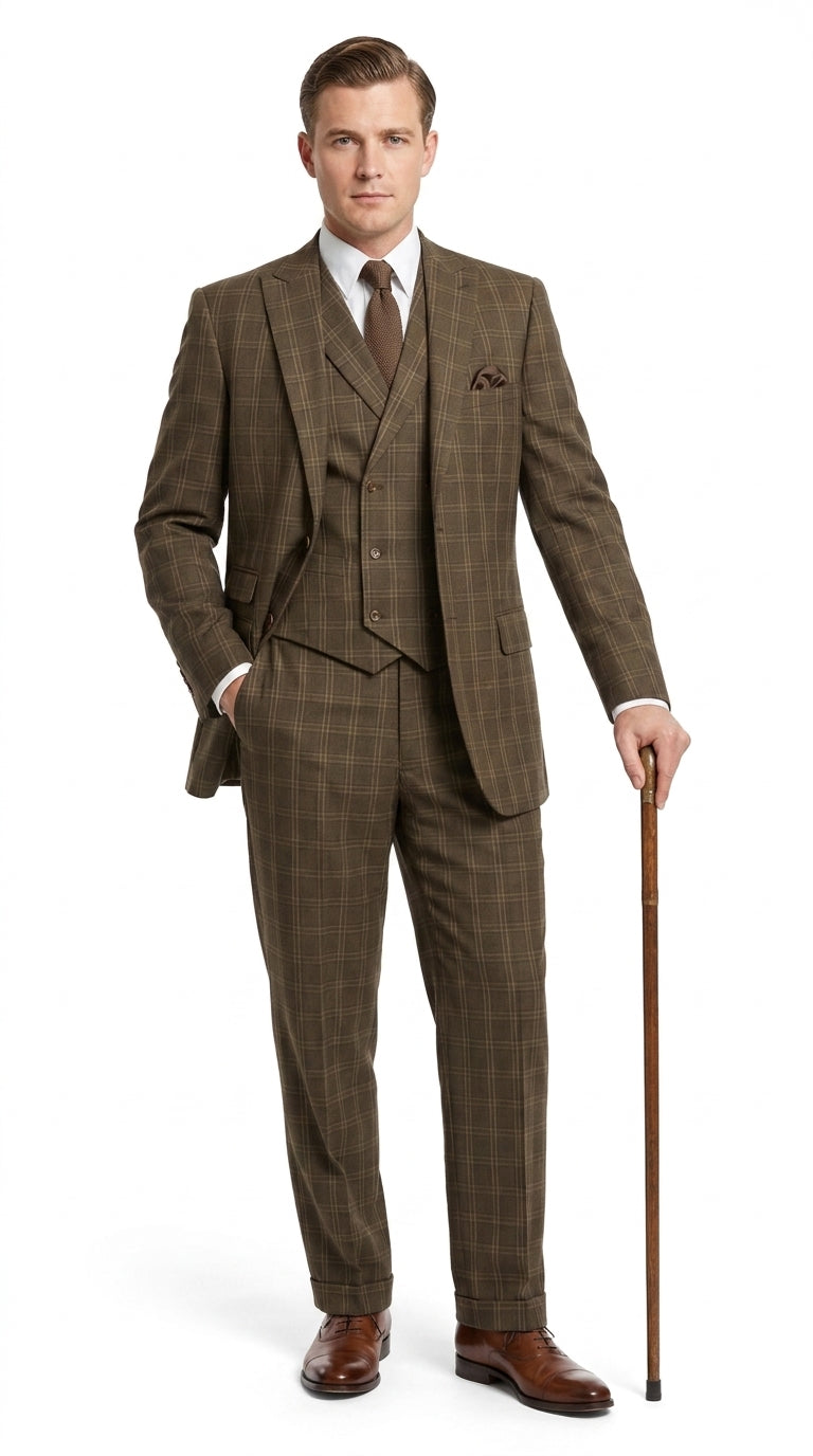 Men’s 1930s Brown Plaid 3 Piece Suit, Vintage Formal Wedding Business Dress Suit Set - 34 Short or Extra Small