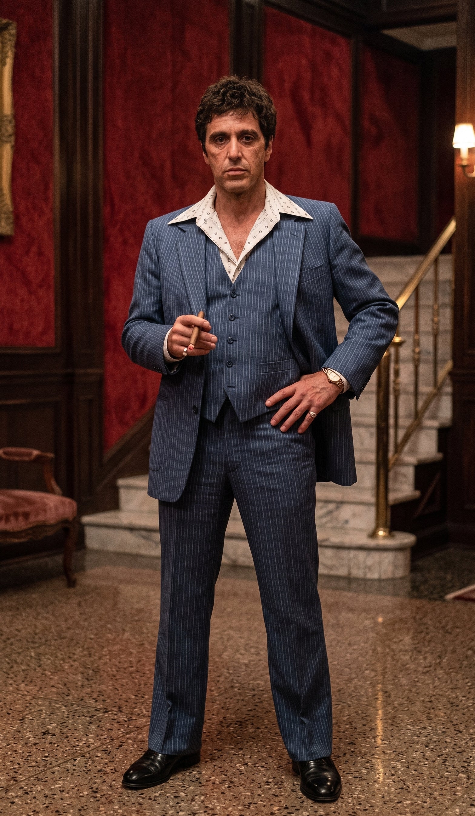 Tony Montana’s Blue Pinstripe 3 Piece Suit – Men’s Vintage Blue Striped Suit for Wedding, Prom and Classic Formal Wear - 34 Short or Extra Small