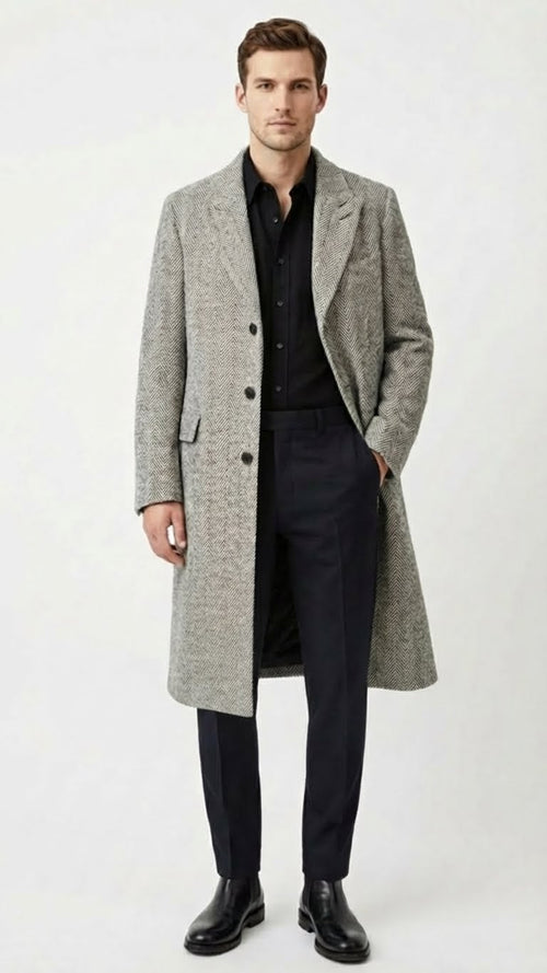 Mens Grey Herringbone Long Overcoat Tweed Black and White Pattern Wool Topcoat Three Qaurter