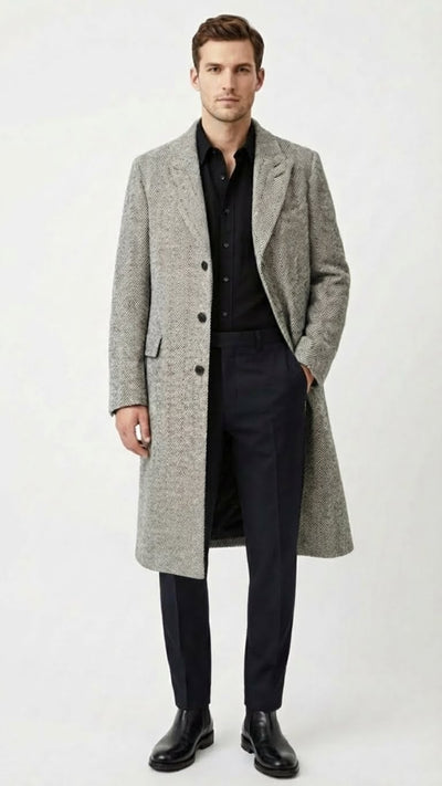 Mens Grey Herringbone Long Overcoat Tweed Black and White Pattern Wool Topcoat Three Qaurter