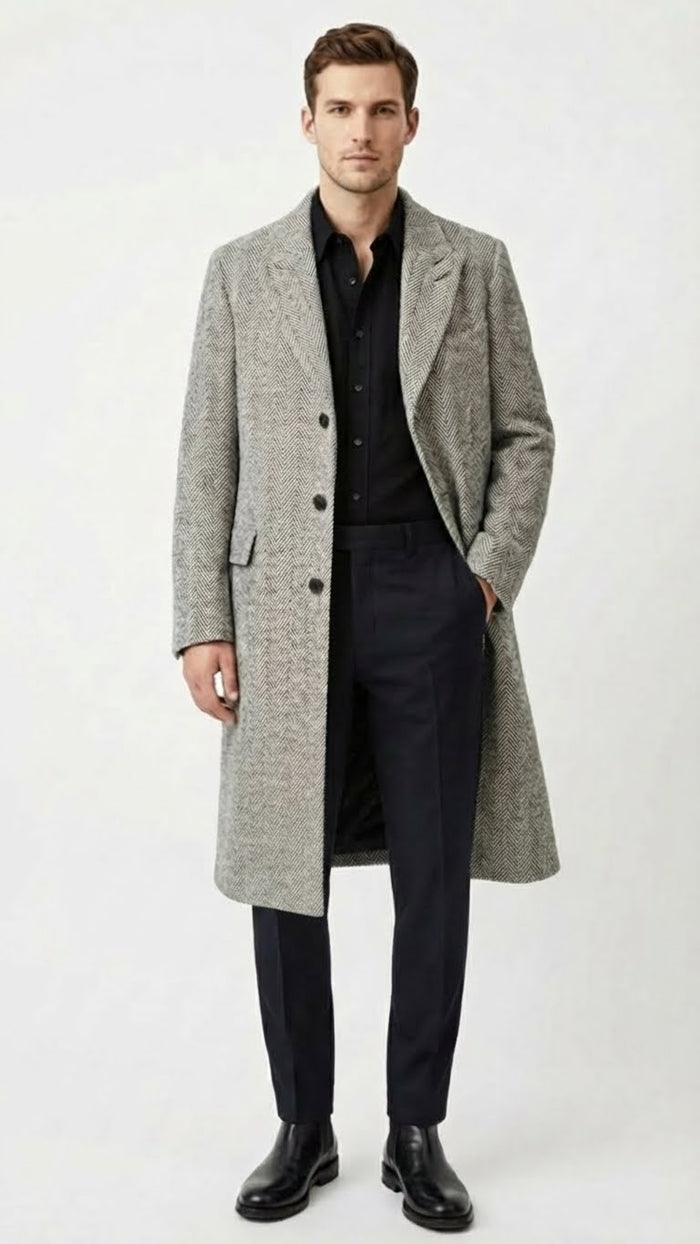 Mens Grey Herringbone Long Overcoat Tweed Black and White Pattern Wool Topcoat Three Qaurter