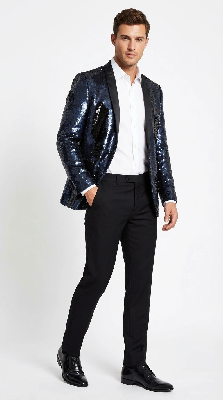 Men’s Navy Sequin Blazer – Navy Blue Sparkle Sequin Formal Blazer with Satin Lapel for Prom, Party and Evening Events - 36 Short