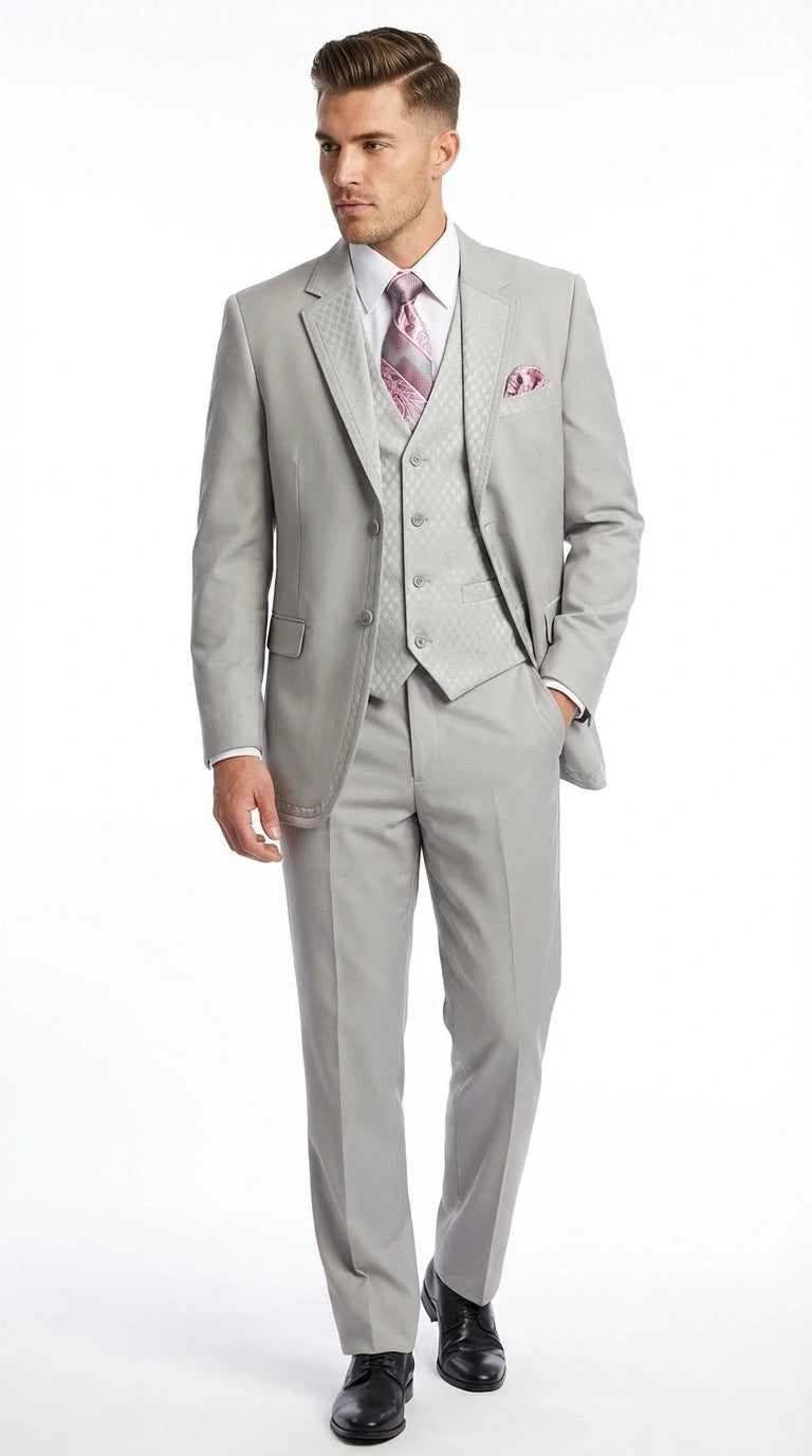 Men’s Light Gray 3 Piece Suit – Ice Silver Gray Formal Suit Set with Vest, Patterned Lapel and Tie for Wedding, Prom and Business Events - 34 Short or Extra Small