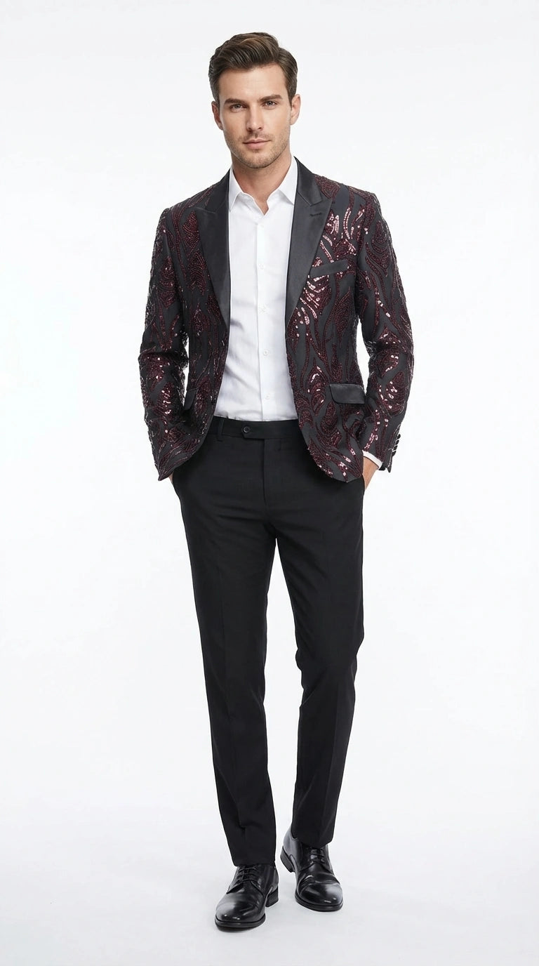 Men’s Black and Burgundy Sequin Blazer – Black Sparkle Sequin Party Blazer with Burgundy Pattern for Prom, Wedding Slim Fitted - 36 Short