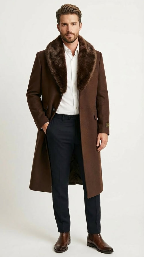 Mens Brown Long Overcoat with Faux Fur Collar Classic Winter Formal Coat Three Quarter Carcoat Wool and Cashmere Fabric