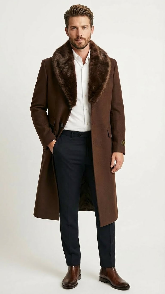 Mens Brown Long Overcoat with Faux Fur Collar Classic Winter Formal Coat Three Quarter Carcoat Wool and Cashmere Fabric