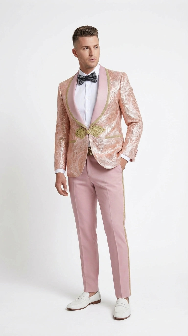 Men’s Rose Gold Pink Prom Tuxedo Suit – Slim Fit Paisley Pattern Formal Tuxedo Suit for Prom, Wedding and Special Events - 34 Short or Extra Small