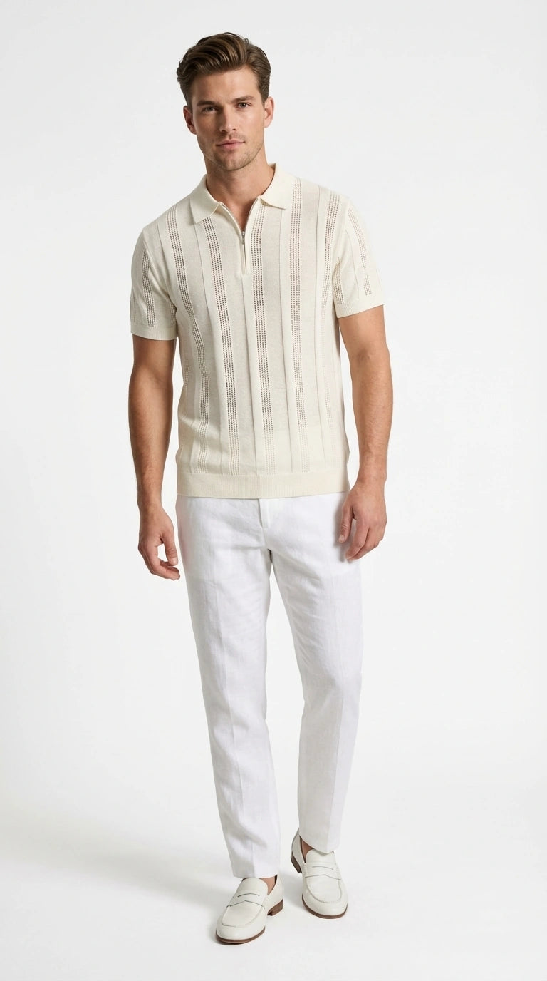 Mens Cream Ivory Off White Knit Walking Suit Set – Lightweight Short Sleeve Shirt and Pants Outfit for Summer, Vacation and Casual Wear - S