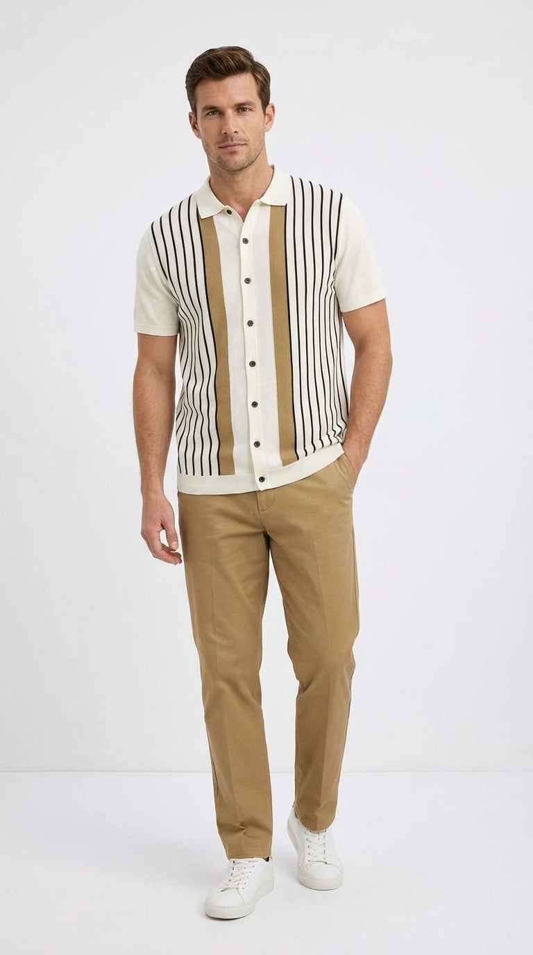 Mens Cream and Tan Striped Walking Suit Set – Casual Summer Short Sleeve Shirt and Pants Outfit for Vacation, Travel and Everyday Wear - S