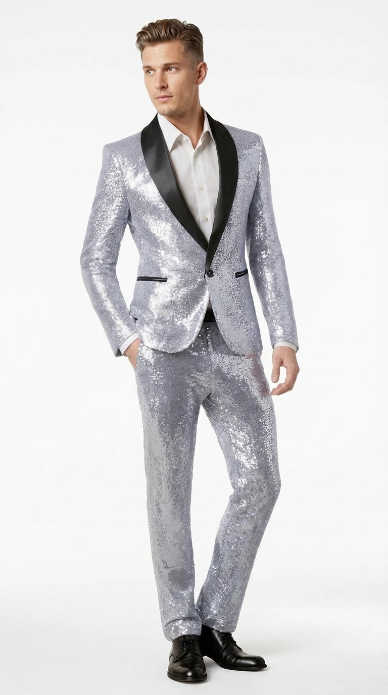 Mens Silver Grey Sequin Tuxedo Suit – Shiny Wedding Suit Set with Black Lapel for Prom, Party, Gala and Formal Evening Wear - 34 Short or Extra Small