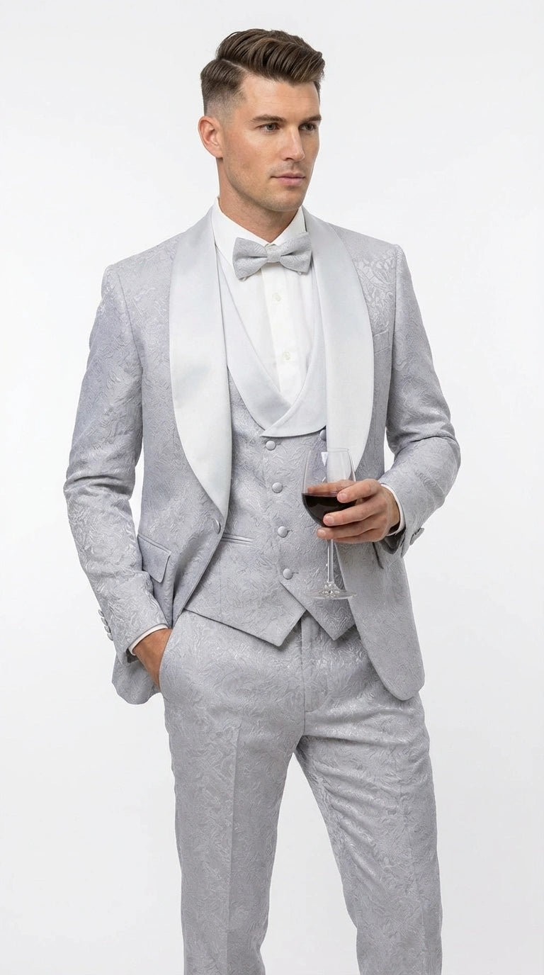 Mens Light Silver Wedding Tuxedo Suit – Paisley Fabric Three Piece Formal Suit Set with Shawl Lapel for Groom, Prom, Gala and ice Grey - 34 Short or Extra Small