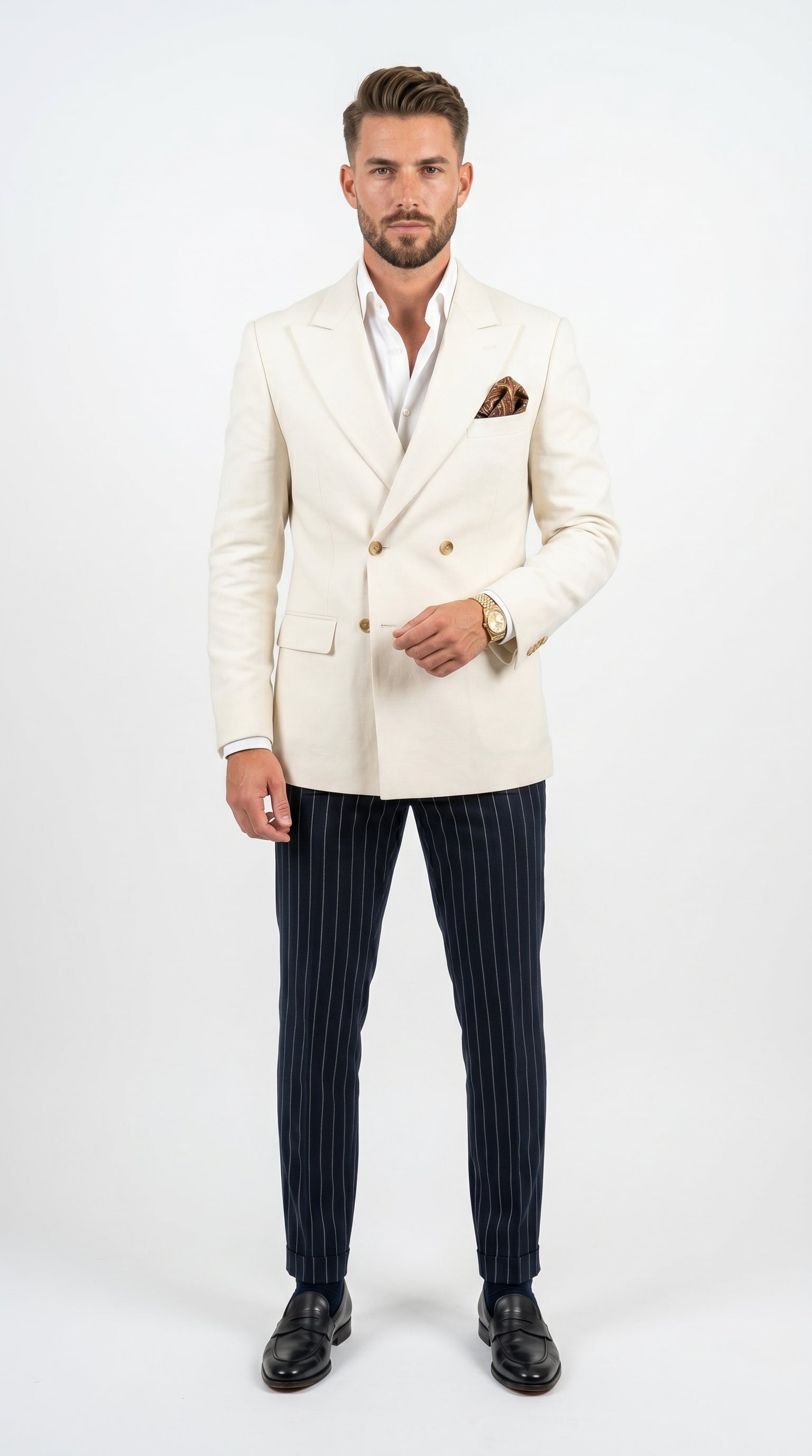 Men’s Ivory Linen Double Breasted Blazer, Lightweight Wedding Dinner Sport Coat Jacket Cream Off White - 36 Short