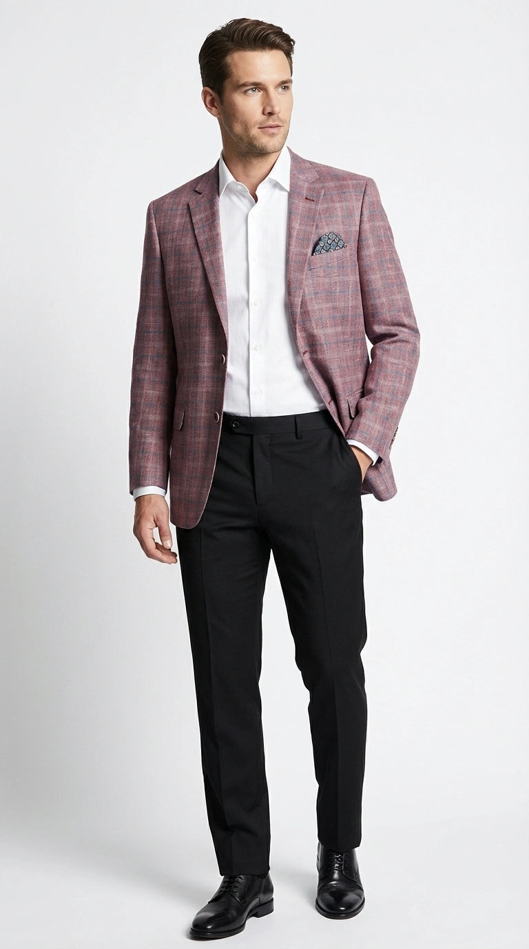 Mens Dusty Rose Mauve Pink with Tint of Blue Plaid Sport Coat Blazer – Classic Check Pattern Casual Blazer Jacket for Business Casual, Wedding - 36 Short