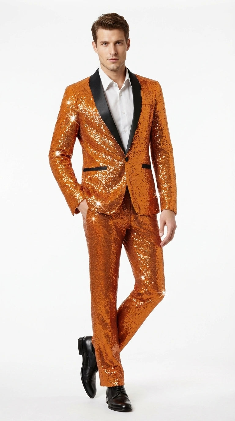 Mens Orange Sequin Tuxedo Suit – Shiny Wedding Suit Set with Black Lapel for Prom, Party, Gala and Formal Evening Wear - Goldish Orange - 34 Short or Extra Small