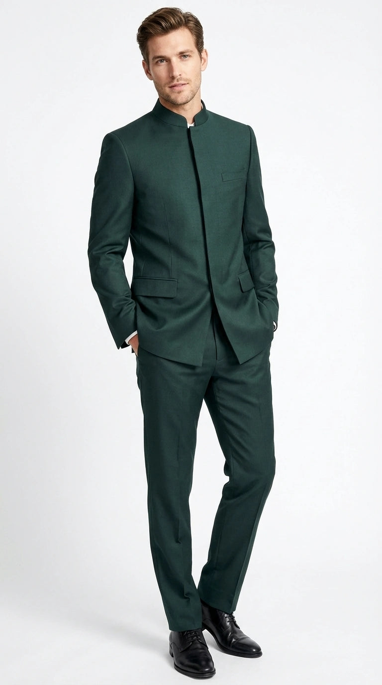 Men’s Olive Green Tuxedo Mandarin Collar Suit – Modern Nehru Style Formal Suit for Wedding Banded Collar - 34 Short or Extra Small
