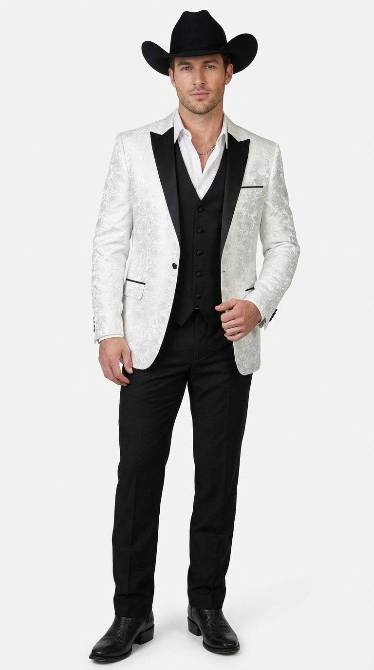 Mens White Paisley Cowboy Tuxedo with Black Satin Lapel – Western Formal Wedding Suit Jacket - 34 Short or Extra Small