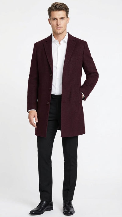 Mens Burgundy Mid-Length Overcoat Classic Fit Wool Blend Dress Coat Three Quarter Carcoat Topcoat