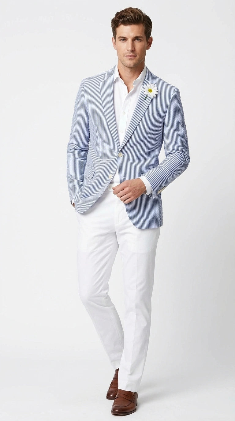Mens Blue Seersucker Blazer – Lightweight Striped Summer Sport Coat Casual Smart Formal Jacket - 36 Short