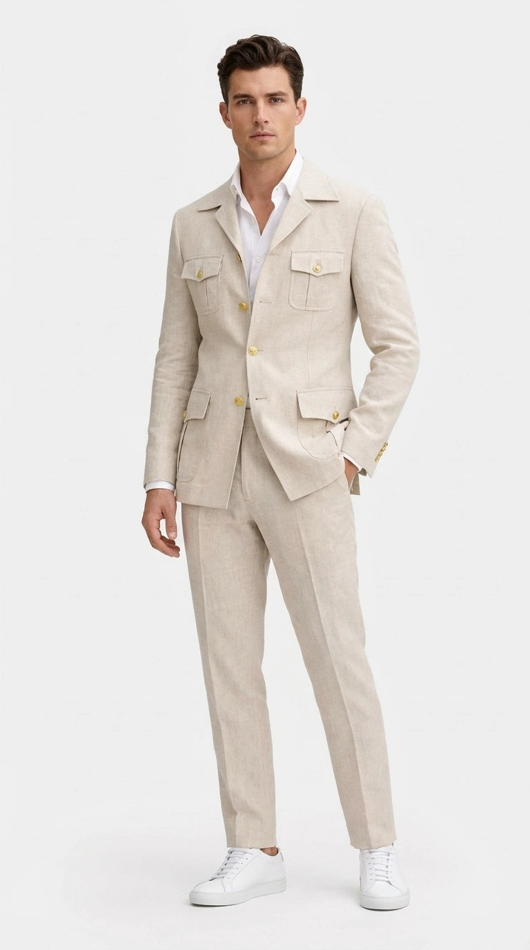 Mens Tan Beige Safari Military Walking Suit Set – Casual Two Piece Outfit Lightweight Summer Blazer and Pants Set Classic Casual Wear - 34 Short or Extra Small
