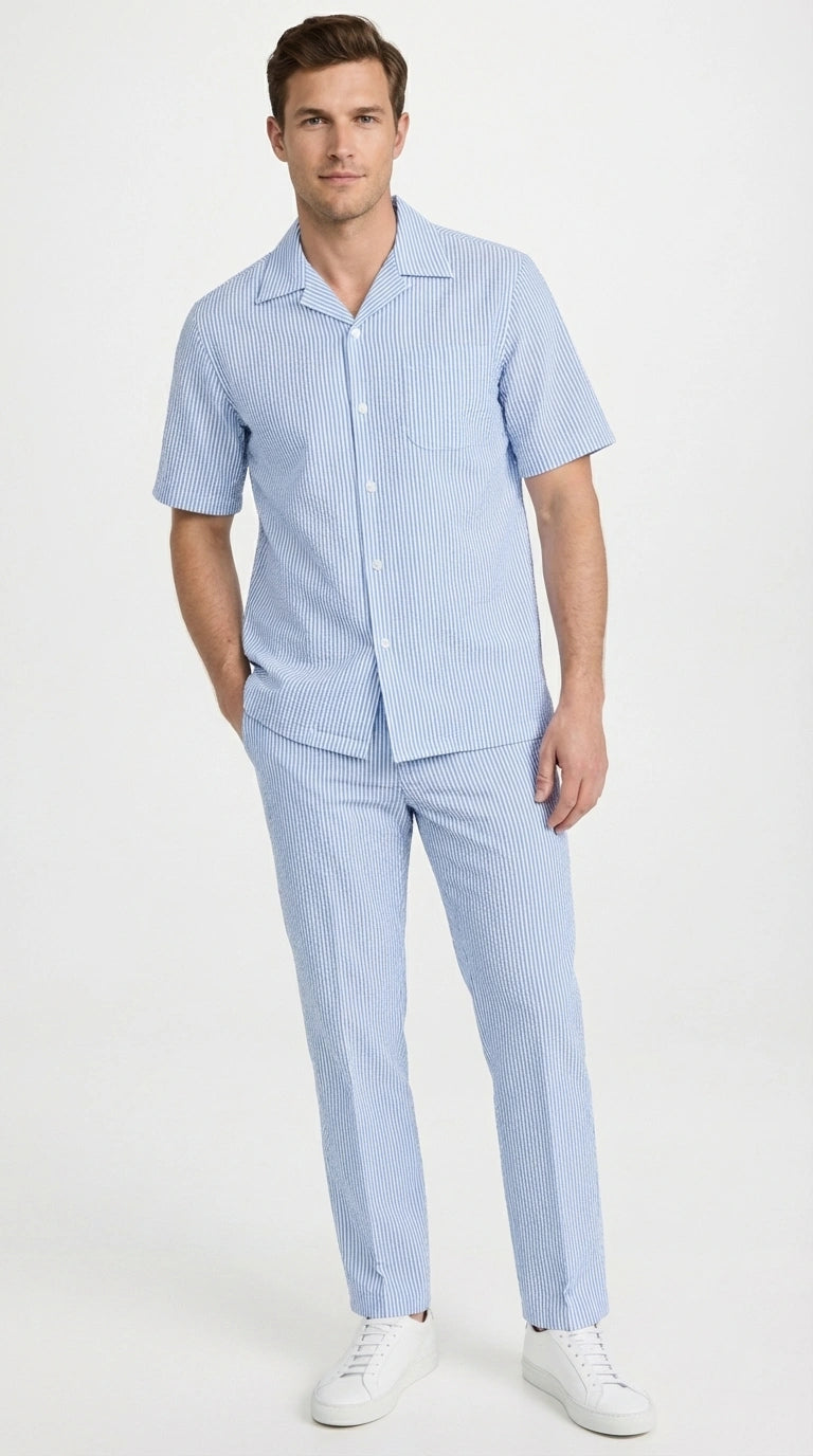 Mens Light Blue Seersucker Walking Suit Set – Casual Summer Short Sleeve Outfit with Matching Pants Lightweight Two Piece Set - S