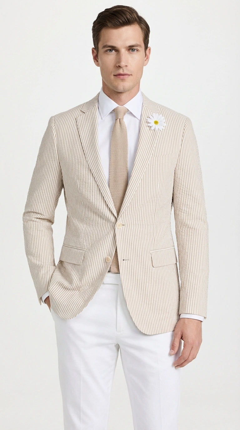 Mens Beige Seersucker Blazer – Lightweight Striped Summer Sport Coat Casual Smart Formal Jacket - 36 Short