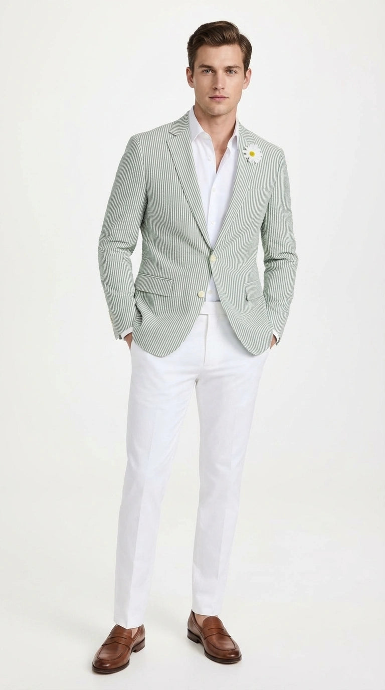Mens Sage Green Seersucker Blazer – Lightweight Striped Summer Sport Coat Casual Smart Formal Jacket - 36 Short