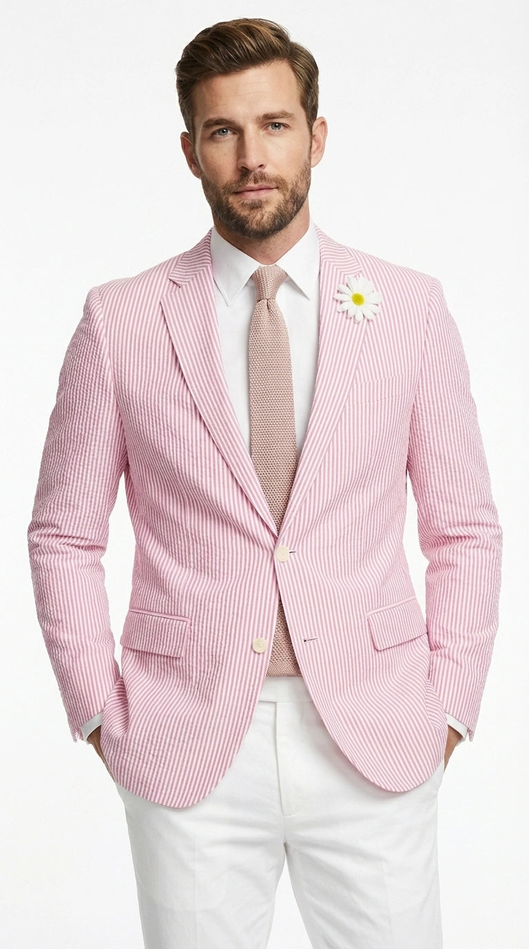 Mens Pink Seersucker Blazer – Lightweight Striped Summer Sport Coat Casual Smart Formal Jacket - 36 Short