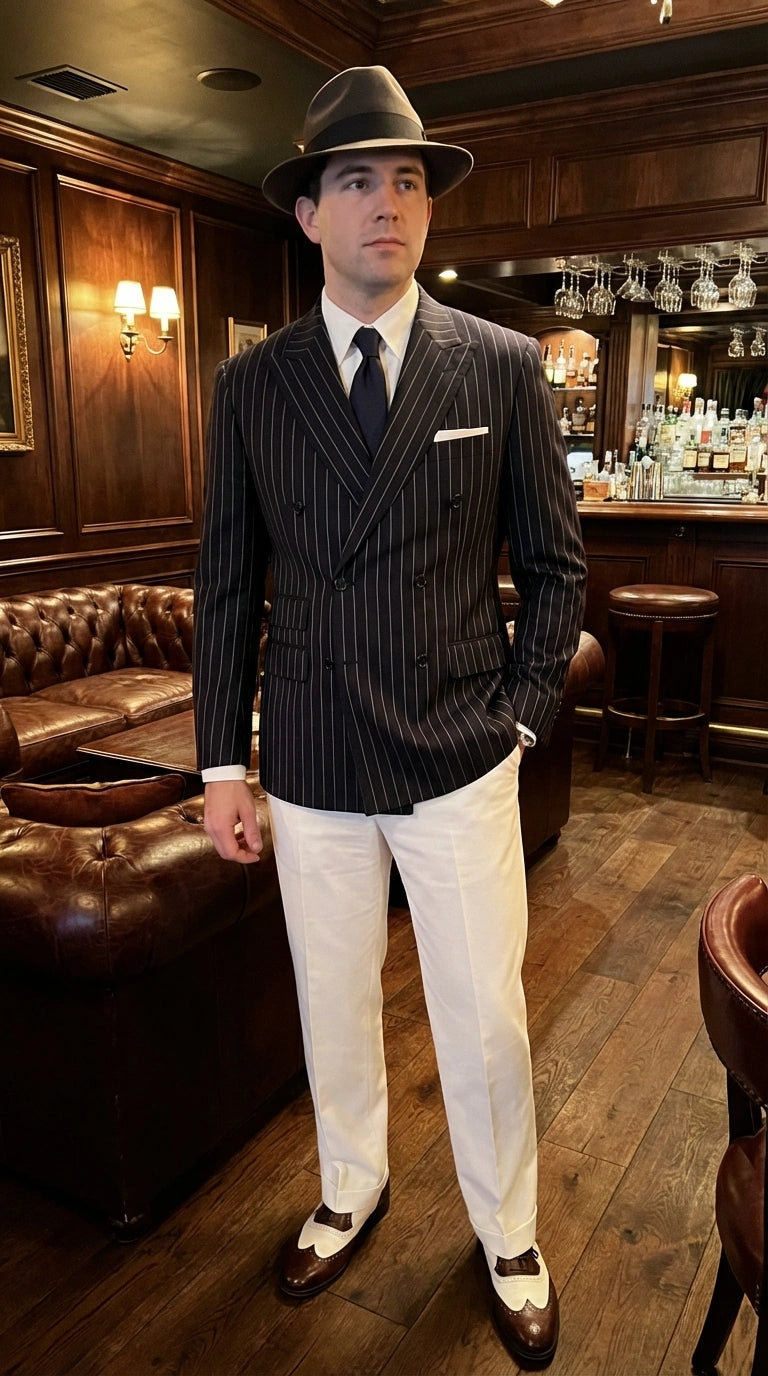Men’s Black Pinstripe Blazer 1920s Gangster Mob Boss Style Jacket – Classic Double Breasted Vintage Suit Blazer, Formal Party Costume Wear - 36 Short