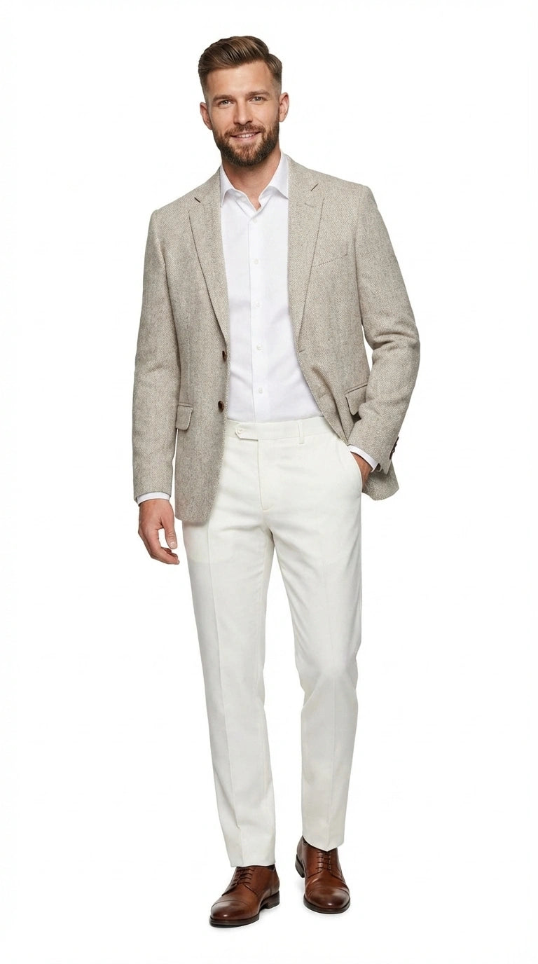 Men’s Light Tan Tweed Blazer – Classic Herringbone Sport Coat, Beige Casual Formal Jacket, Vintage Style Business & Smart Casual Wear - 36 Short