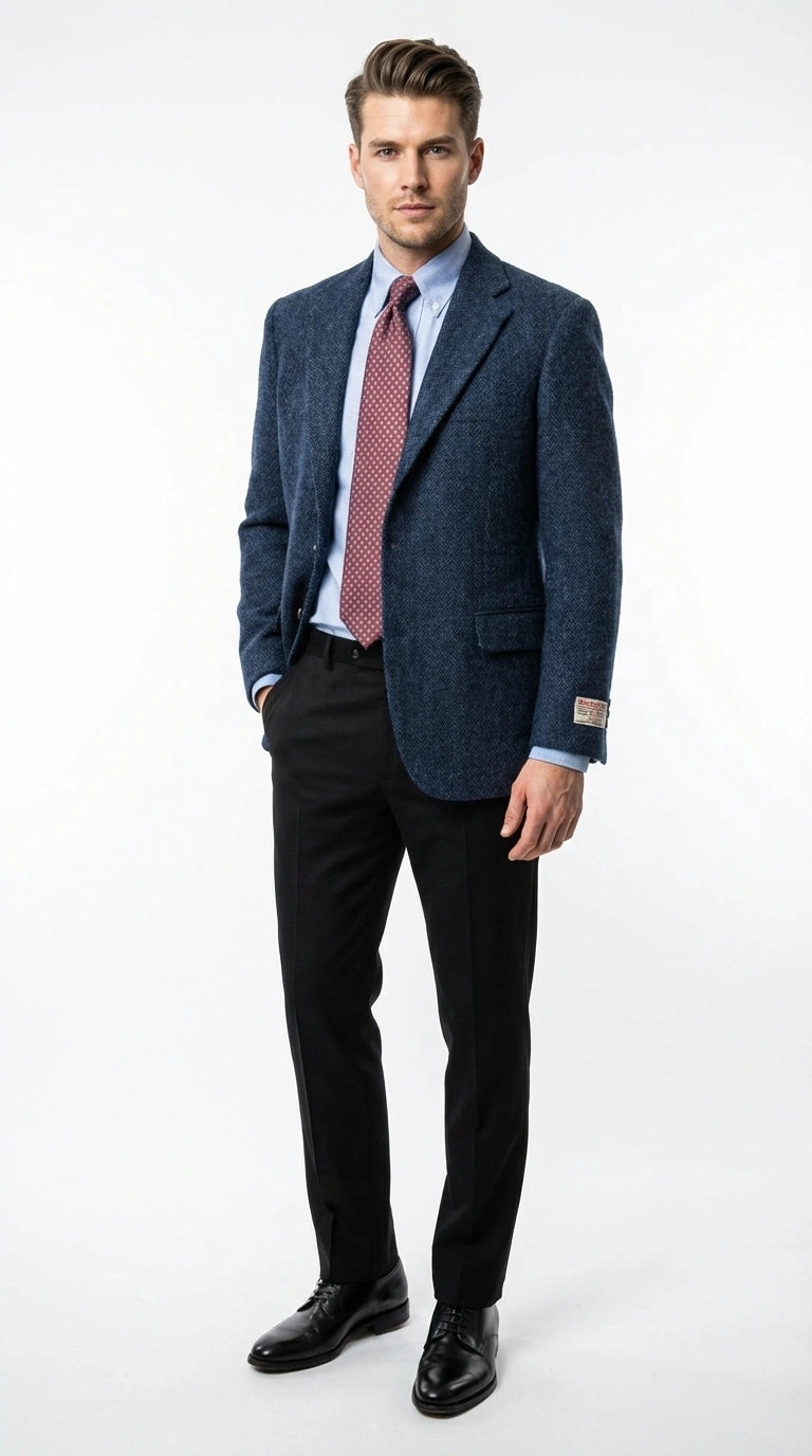 Mens Light Blue Tweed Blazer Sport Coat – Classic Herringbone Jacket Formal Business Casual Smart Outerwear in indigo cobalt blue - 36 Short