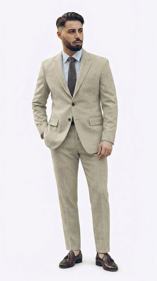 Men’s Light Tan Tweed Suit – Classic Beige Two Piece Suit, Herringbone Formal Wear, Vintage Style Business & Wedding Outfit for Men