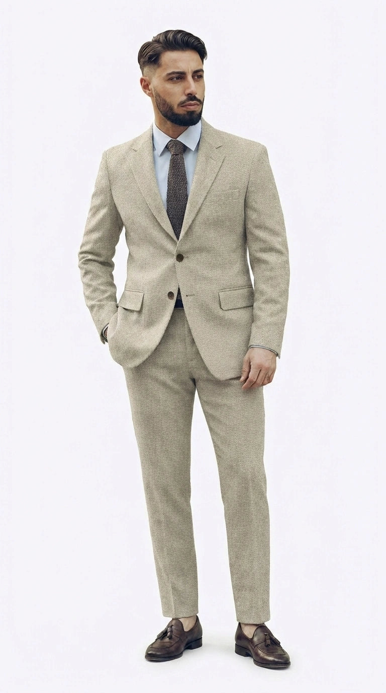 Men’s Light Tan Tweed Suit – Classic Beige Two Piece Suit, Herringbone Formal Wear, Vintage Style Business & Wedding Outfit for Men - 34 Short or Extra Small