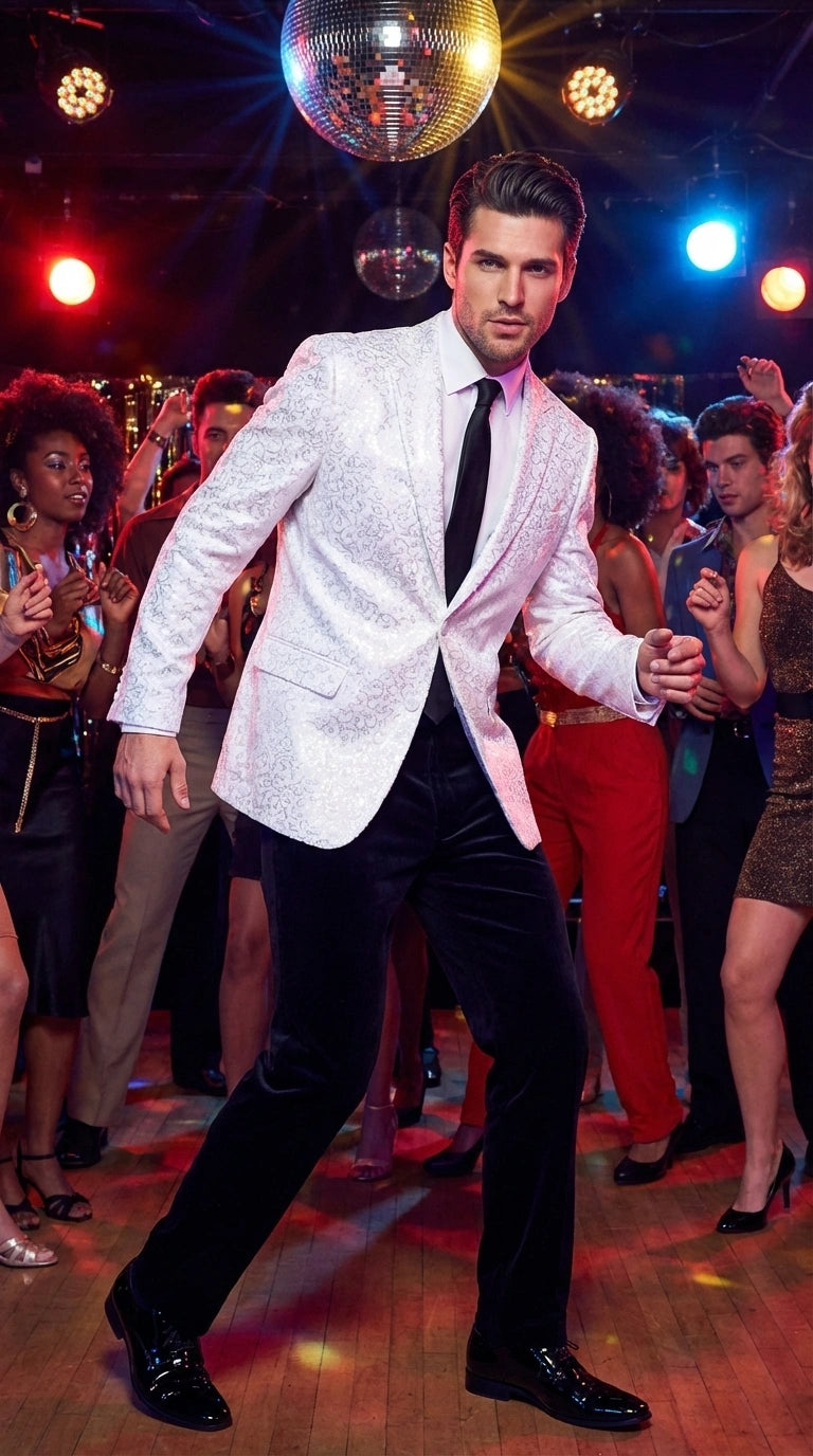 Men’s White Disco Blazer 1980s Sequin Style Jacket – Lapel Collar Party Blazer, Formal Evening Wear, Halloween Masquerade Club Outfit - 36 Short
