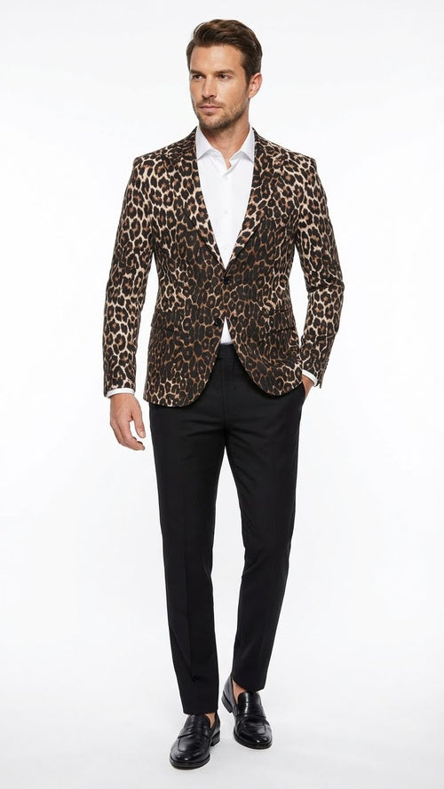 Mens Leopard Print Blazer Slim Fit Statement Jacket for Evening, Party, and Fashion Wear