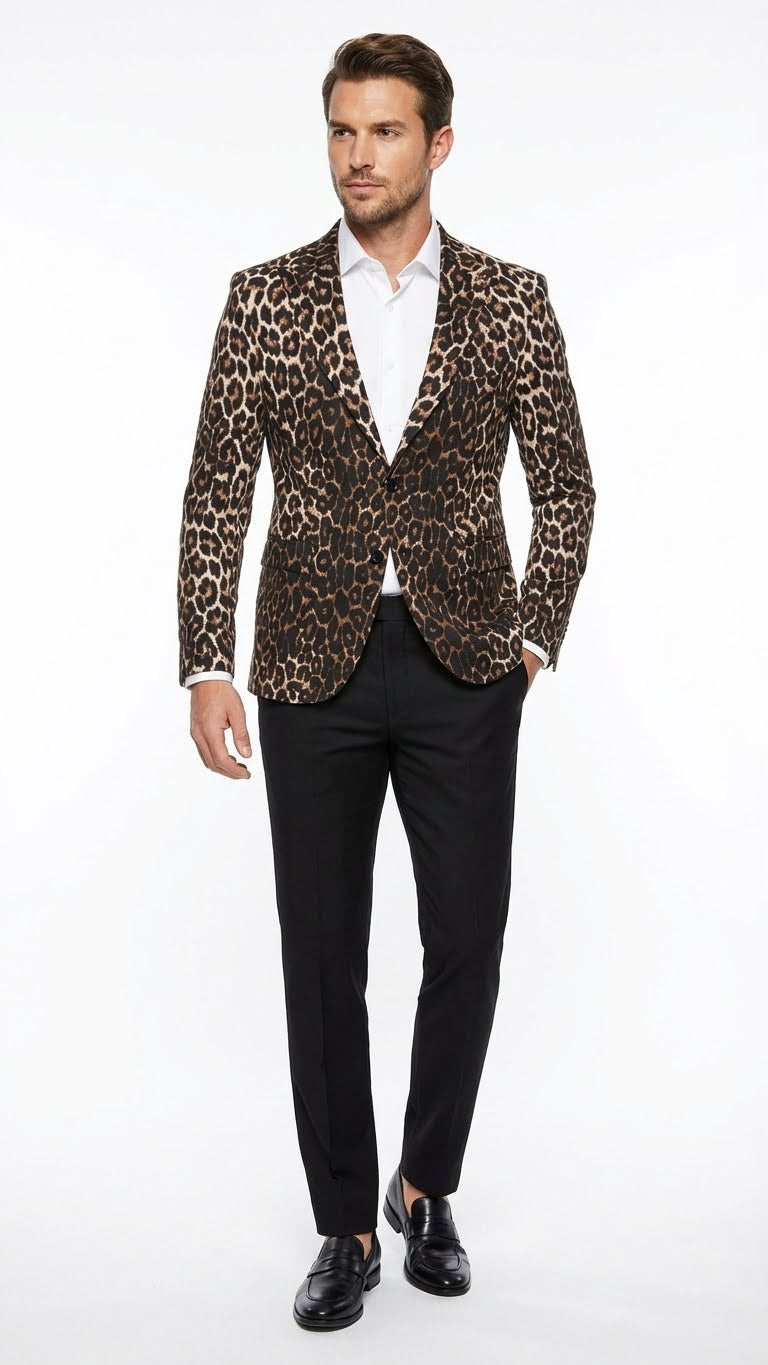 Men’s Leopard Print Blazer – Slim Fit Statement Jacket for Evening, Party, and Fashion Wear - 36 Short
