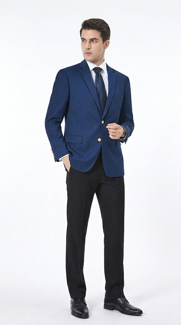 Men’s Sapphire Indigo Cobalt Blue Blazer with Gold Buttons – Classic Single Breasted Formal Business Jacket for Office, Wedding - 36 Short