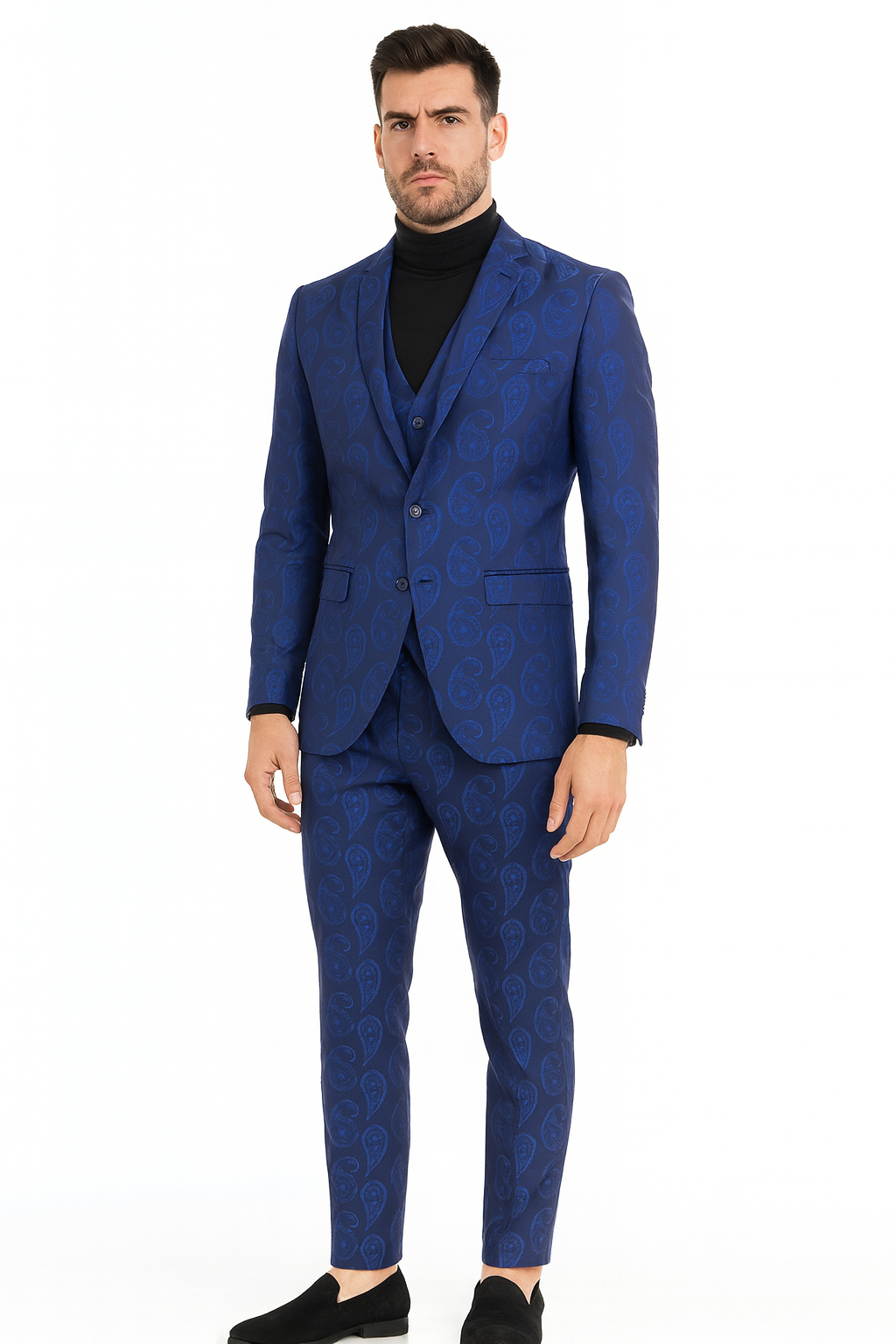 Men’s Sapphire Blue Paisley 3-Piece Suit – Slim Fit Designer Tuxedo Set for Weddings and Formal Events in Cobalt Blue Color - 34 Short or Extra Small