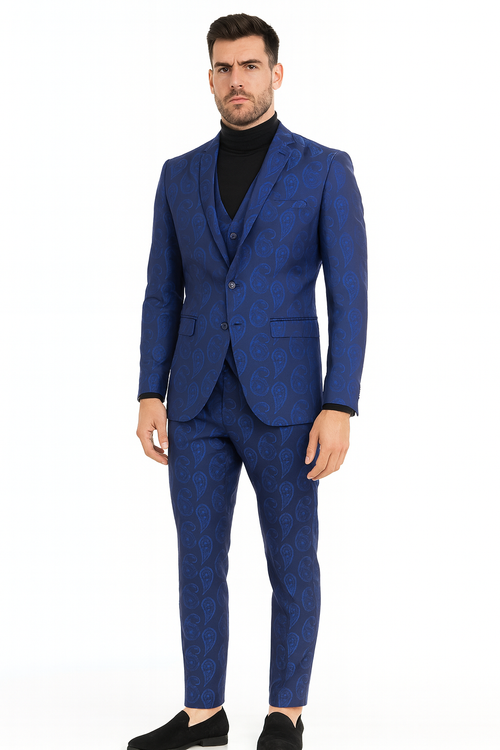 Mens Sapphire Blue Paisley 3-Piece Suit Slim Fit Designer Tuxedo Set for Weddings and Formal Events in Cobalt Blue Color