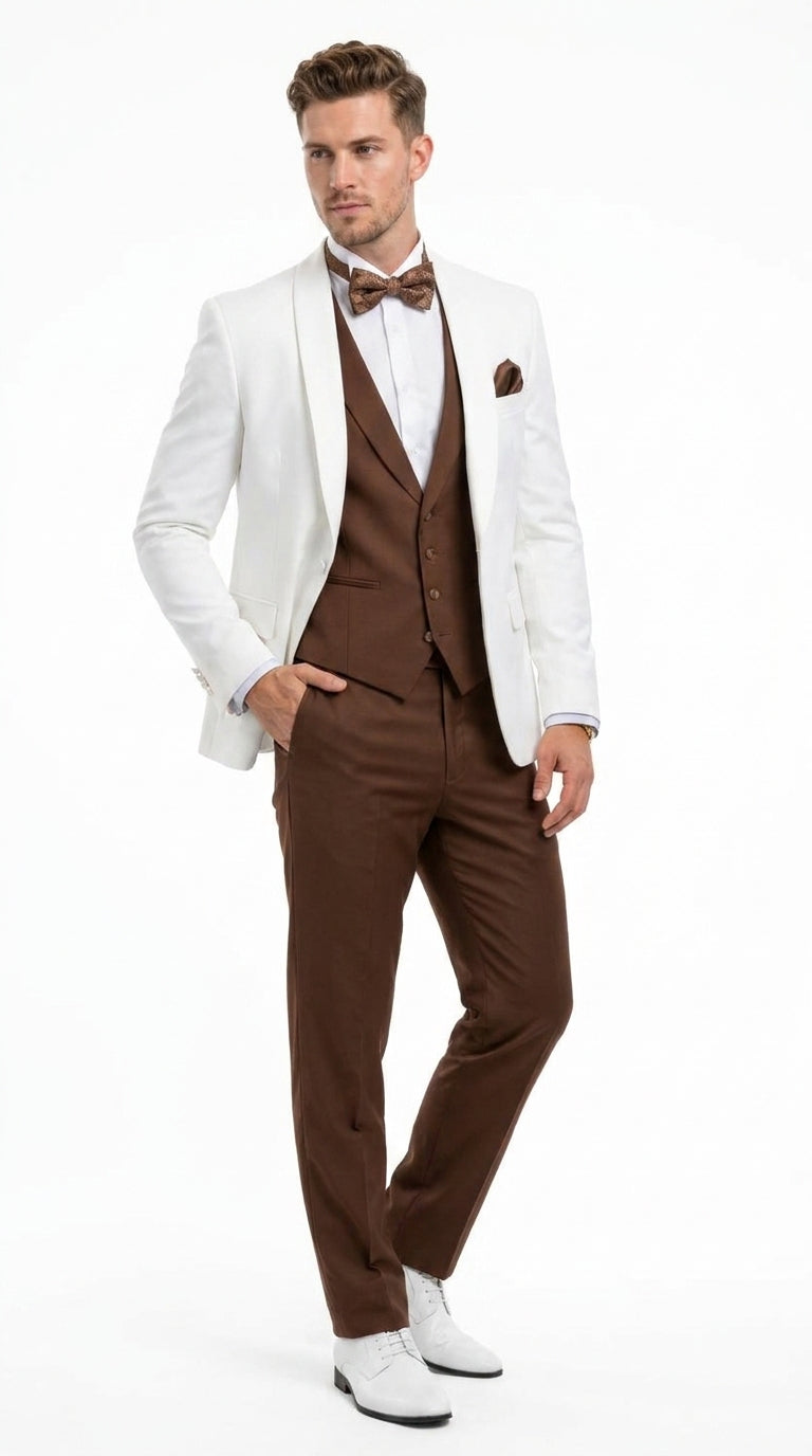 Men’s Ivory and Brown 3 Piece Suit – Elegant White Blazer with Brown Vest and Trousers for Wedding, Prom and Formal Events in off White Cream + Bowtie - 34 Short or Extra Small