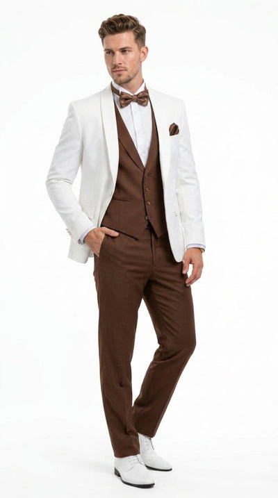 Men’s Ivory and Brown 3 Piece Suit – Elegant White Blazer with Brown Vest and Trousers for Wedding, Prom and Formal Events in off White Cream + Bowtie