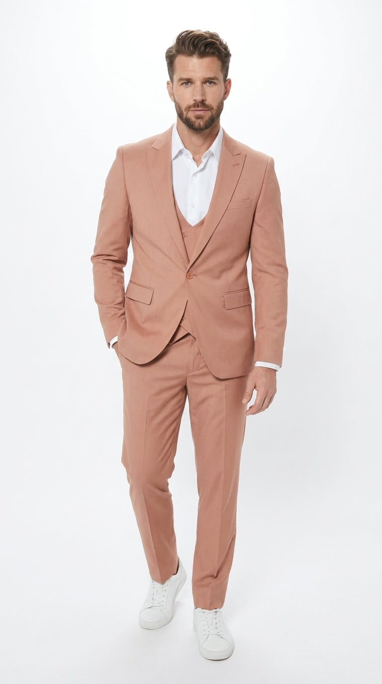 Men’s Peach Light Brown 3 Piece Suit – Wedding & Prom Formal Suit Set, Blazer Pants Double breasted vest - 34 Short or Extra Small