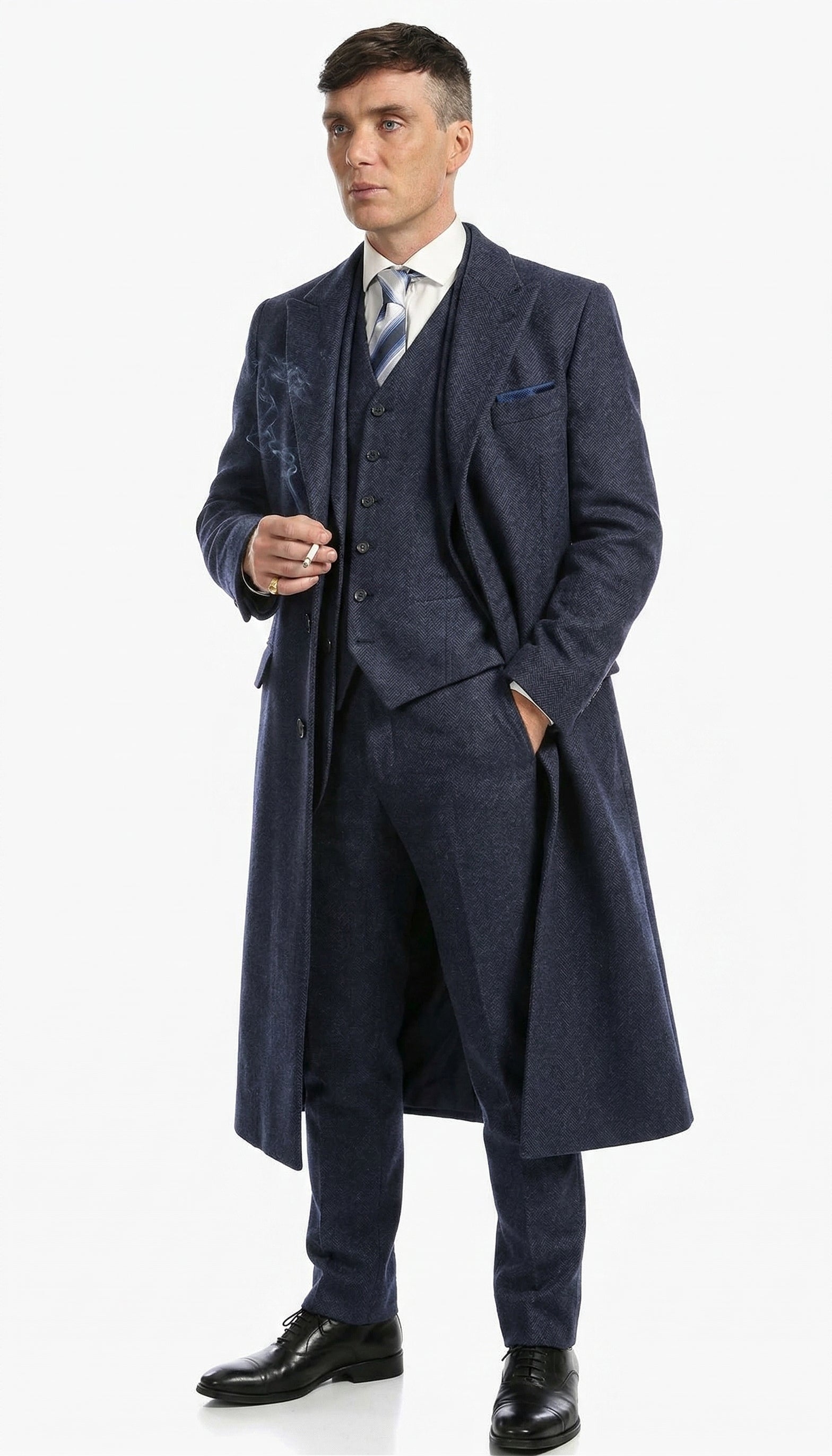 Men’s Navy Blue Herringbone Tweed  1920s 3 Piece Suit with Overcoat – Vintage Peaky Blinder Style Formal Suit Set with Blazer, Waistcoat + Overcoat + Hat - Navy Blue