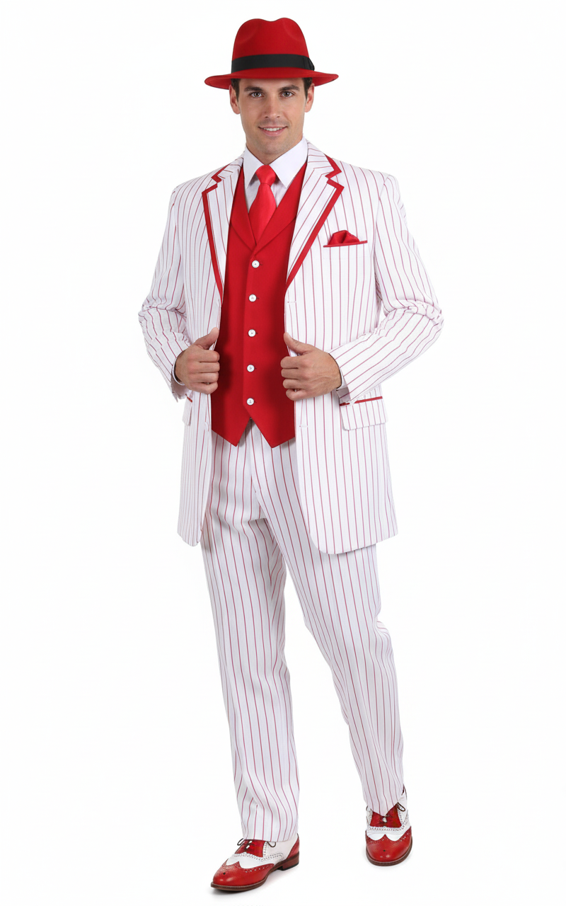 Mens 1920s White and Red Pinstripe Zoot Suit with Fedora Hat and Wingtip Shoes â€“ Vintage Gangster 3-Piece New Year Holiday Christmas Suit - 34 Short or Extra Small
